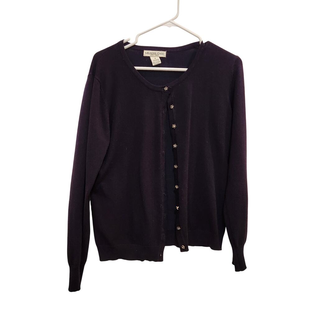 Melrose Chic Purple Long Sleeve Crew Neck Button Front Cardigan Sweater Medium